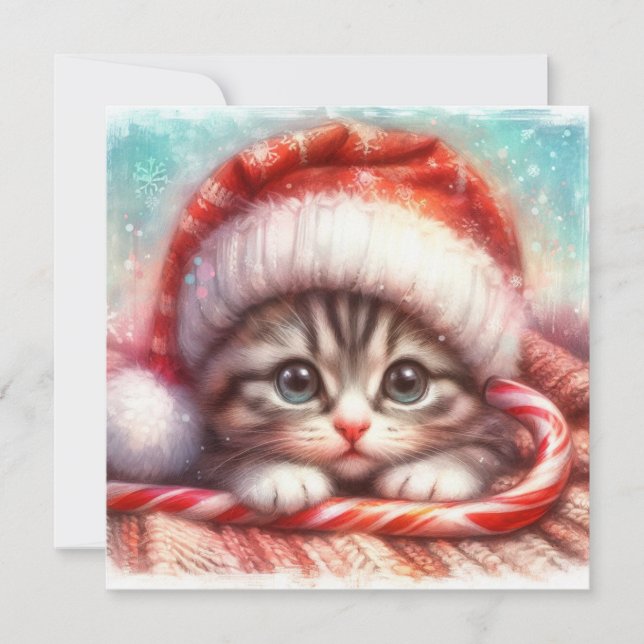 Candy Cane Grey Kitten Christmas Card (Front)