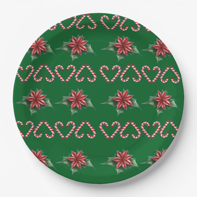 Candy Cane Heart and Holly Pattern – Festive Chris Paper Plate (Front)
