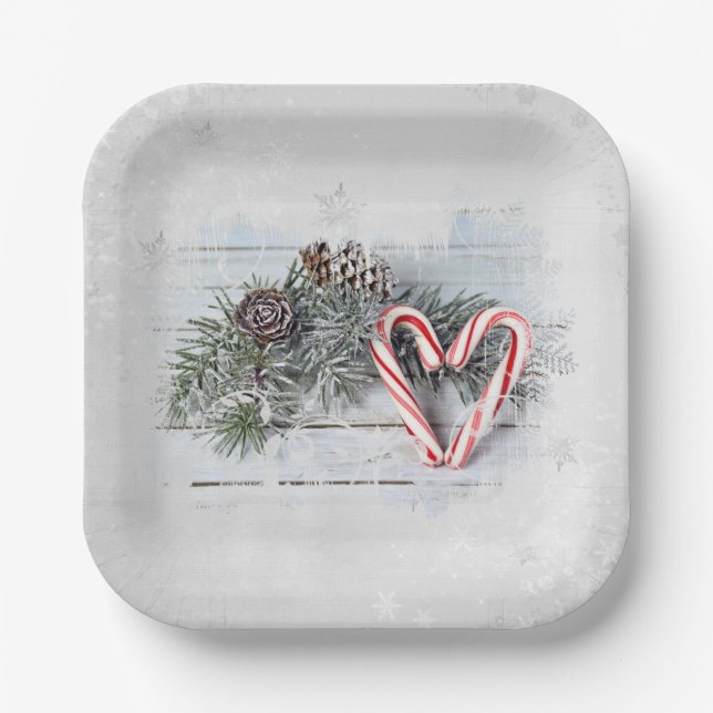 Candy Cane Heart and Pine Paper Plate (Front)