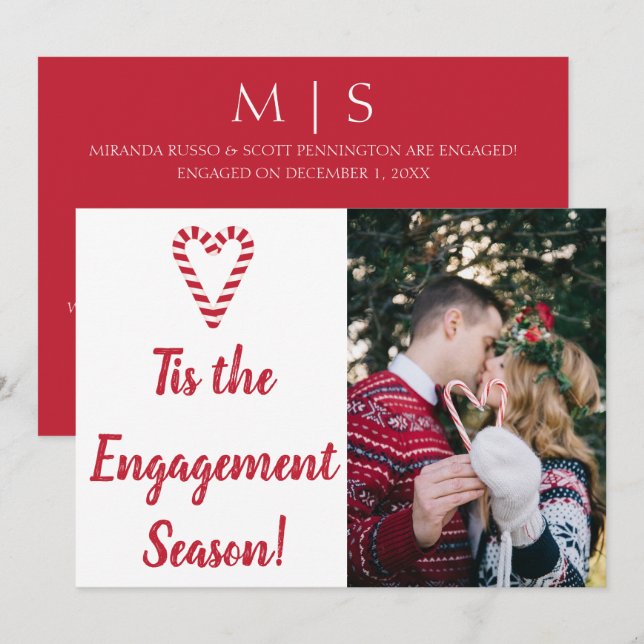 Candy Cane Heart Christmas Engagement Photo Holiday Card (Front/Back)