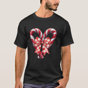 Candy Cane Heart Coquette Bow Christmas Girly Wome T-Shirt