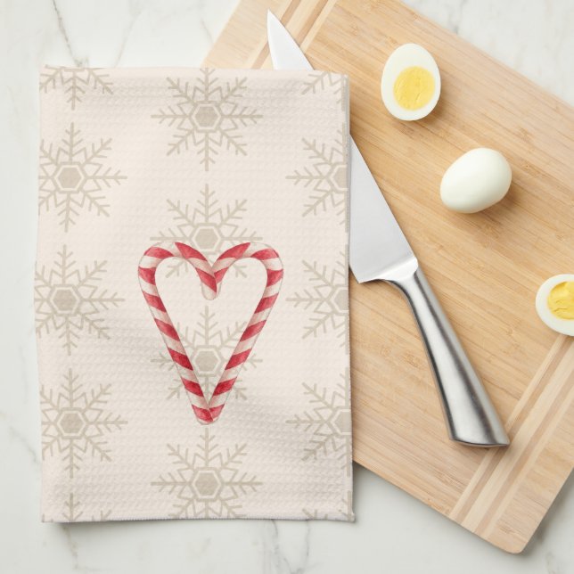 Candy Cane Heart Illustration Snowflake Pattern Kitchen Towel (Quarter Fold)
