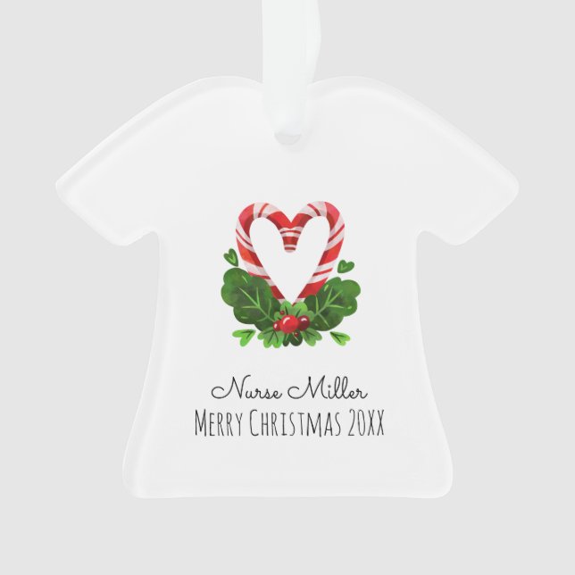 Candy Cane Heart Merry Christmas NURSE Name Year  Ornament (Front)