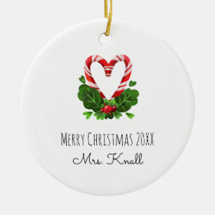Candy Cane Heart Merry Christmas Year TEACHER Name Ceramic Ornament