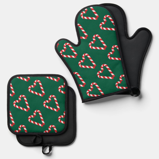 Candy Cane Heart Screwball Graphics Holiday Oven Mitt & Pot Holder Set (Front/Back)