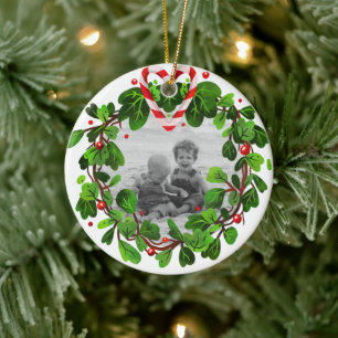 Candy Cane Heart Wreath Photo Merry Christmas Year Ceramic Ornament