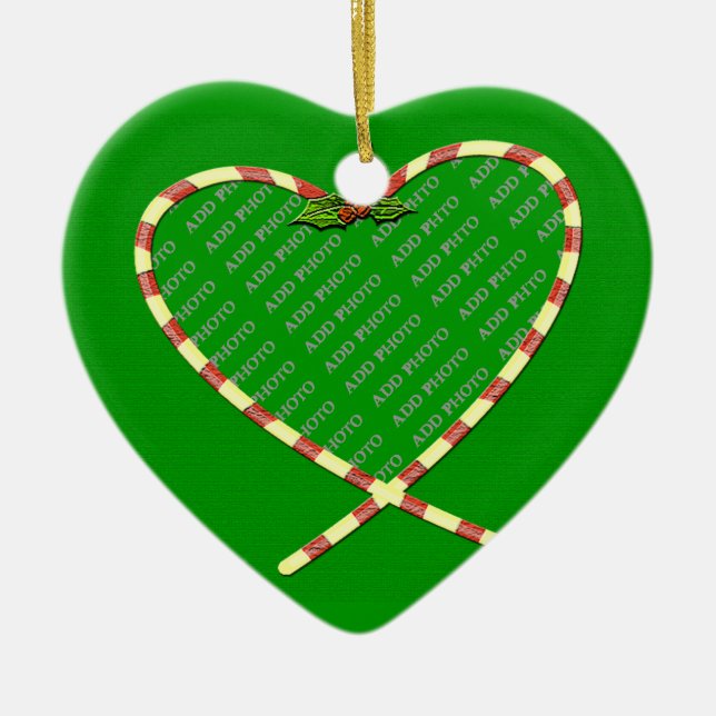 Candy Cane Heart Your Photo Ceramic Ornament (Front)