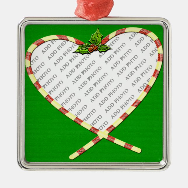 Candy Cane Heart Your Photo Metal Ornament (Front)