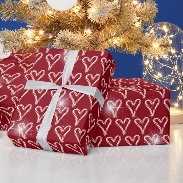 Candy Cane Hearts with Stars Wrapping Paper (Holidays)
