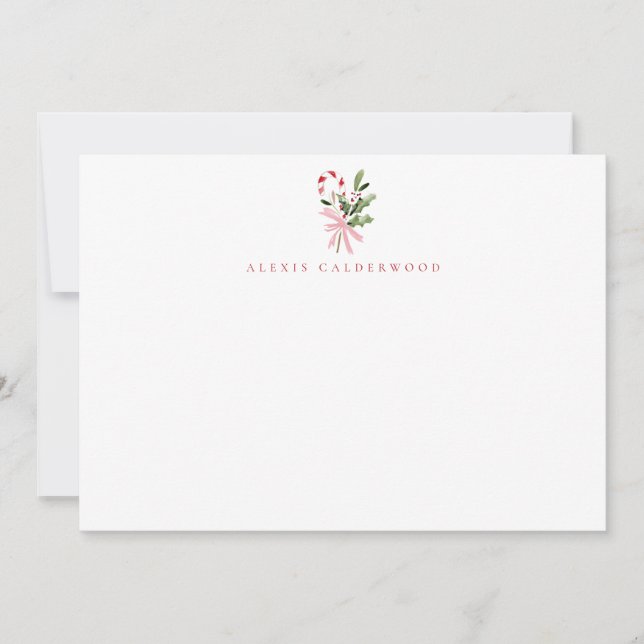 Candy Cane Holly & Bow Personalized Holiday Card (Front)