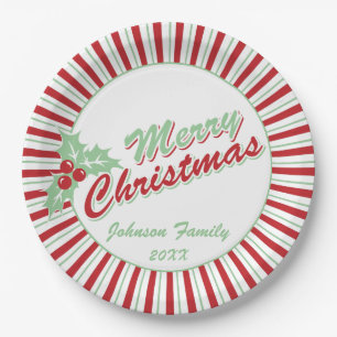 Candy Cane Holly   Custom Christmas Paper Plates