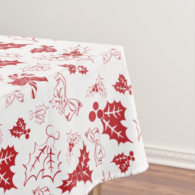Candy Cane Holly | White Red Christmas Tablecloth (In Situ)