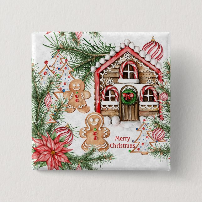 Candy cane house, gingerbread man, poinsettia 2 inch square button (Front)