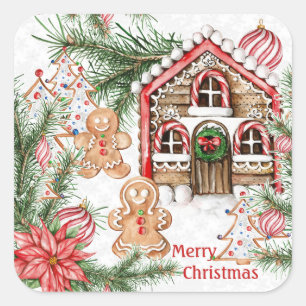 Candy cane house, gingerbread man, poinsettia square sticker