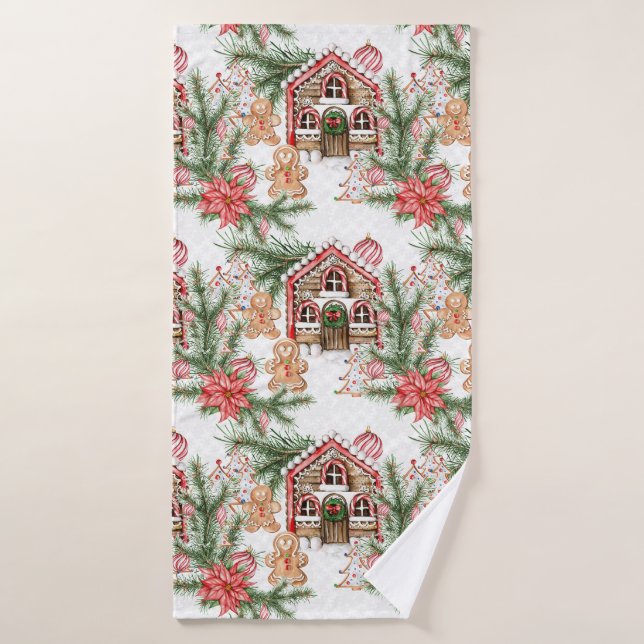 Candy cane house, poinsettia, gingerbread man bath towel (Bath Towel)