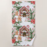 Candy cane house, poinsettia, gingerbread man beach towel<br><div class="desc">This design features candy cane house,  gingerbread man and woman,  Christmas tree,  Poinsettias,  pine branch and red - white Christmas baubles.</div>