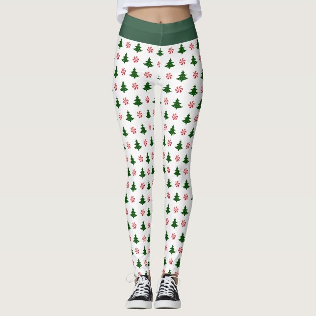 Candy Cane Kisses and Christmas Trees  Leggings (Front)