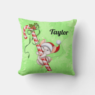 Candy Cane Mouse Add a Name/Greeting Christmas Throw Pillow