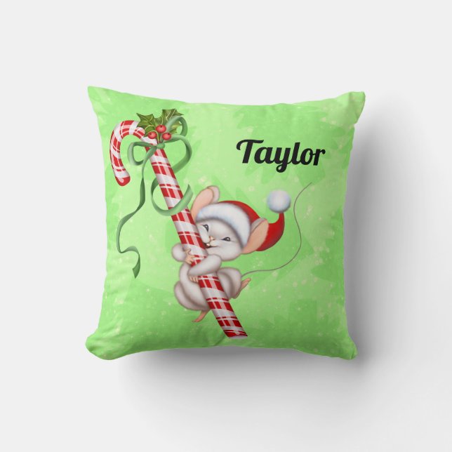 Candy Cane Mouse Add a Name/Greeting Christmas Throw Pillow (Front)