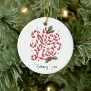 Candy Cane Nice List Ceramic Ornament