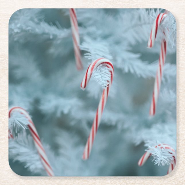 Candy Cane on Tree Square Paper Coaster (Front)