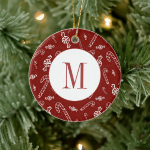Candy Cane Peppermint Initial Monogram Christmas Ceramic Ornament