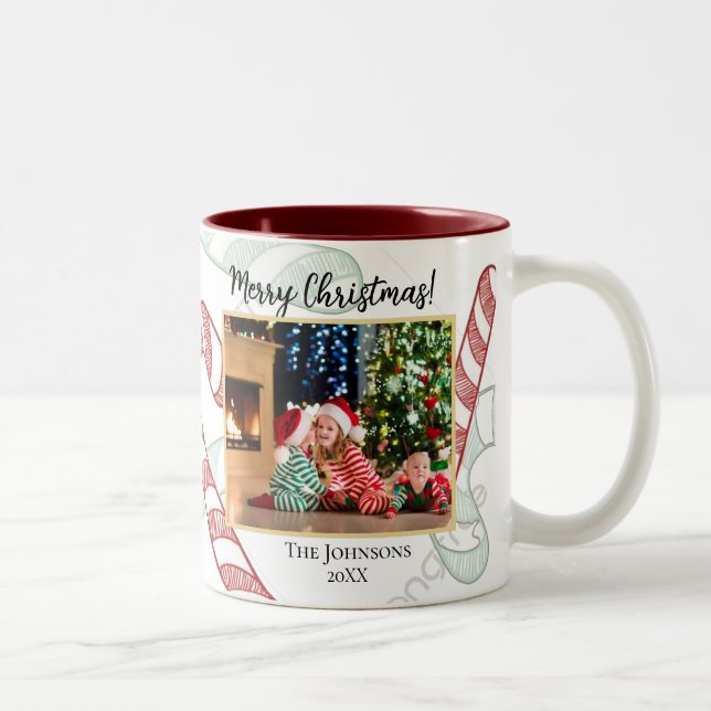 Candy Cane Peppermint Photo Christmas Red Green Two-Tone Coffee Mug (Right)