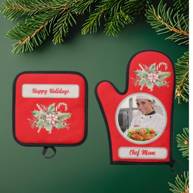 Candy Cane Personalized Chef Mom Photo Christmas Oven Mitt & Pot Holder Set (Creator Uploaded)