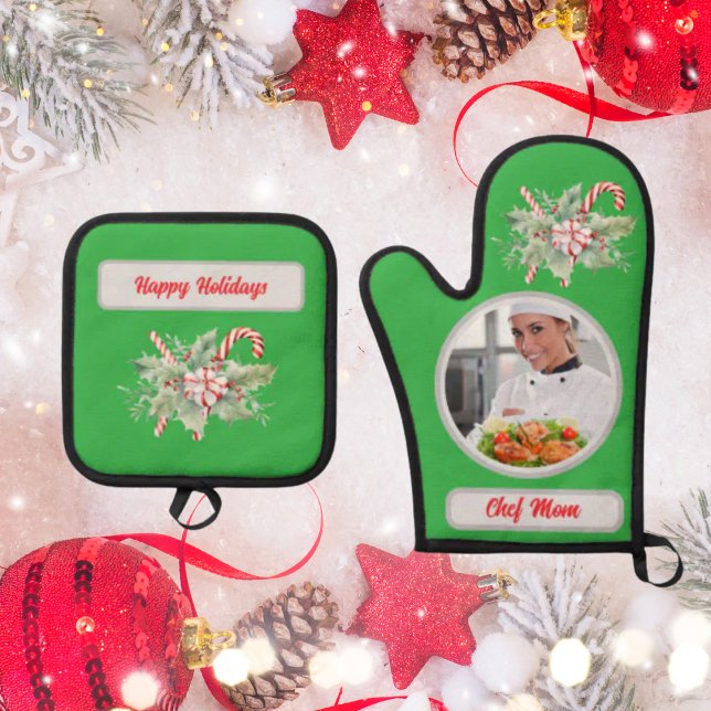 Candy Cane Personalized Chef Mom Photo Christmas Oven Mitt & Pot Holder Set (Creator Uploaded)