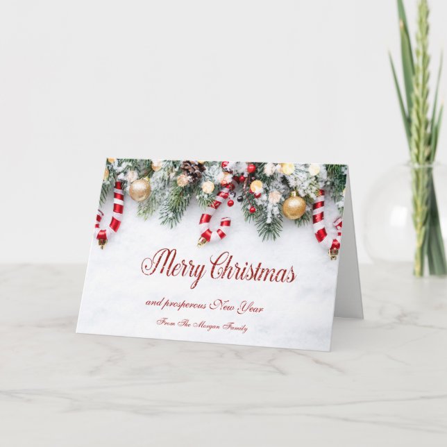 Candy Cane,Pine Tree Branches,Balls Holiday Card (Front)