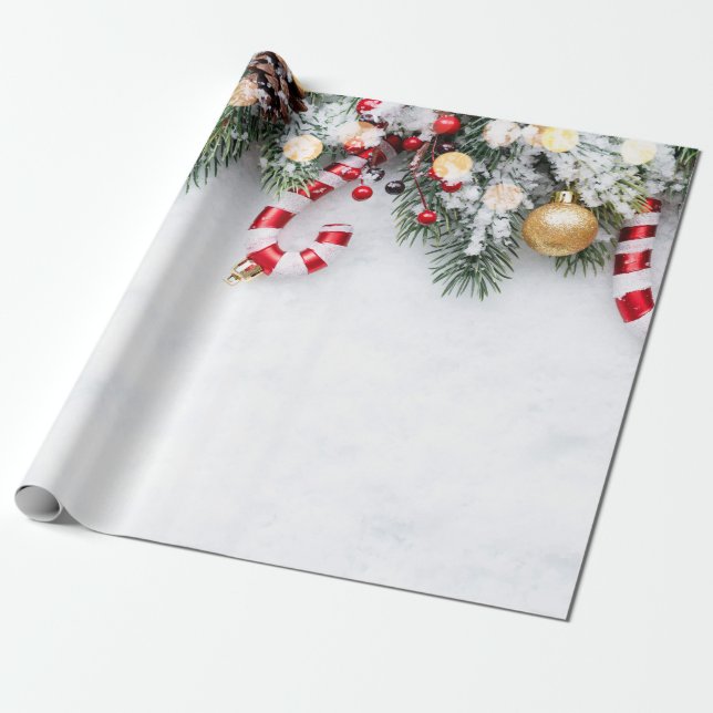 Candy Cane,Pine Tree Branches,Balls Wrapping Paper (Unrolled)