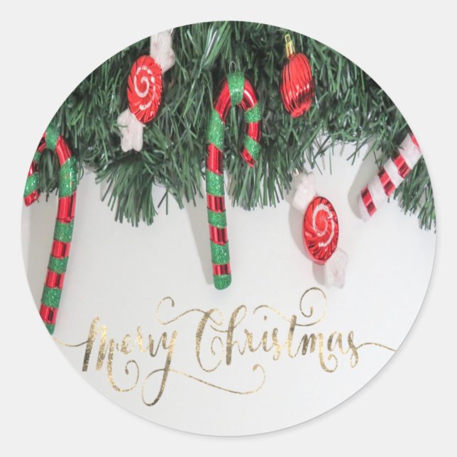 Candy Cane, Pine Tree Holiday Classic Round Sticker (Front)
