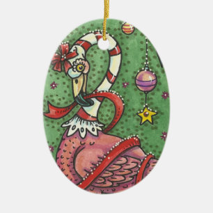 CANDY CANE PINK FLAMINGO CHRISTMAS ORNAMENT Oval