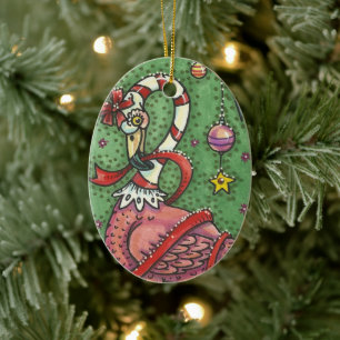 CANDY CANE PINK FLAMINGO WHIMSICAL CHRISTMAS BIRD CERAMIC ORNAMENT