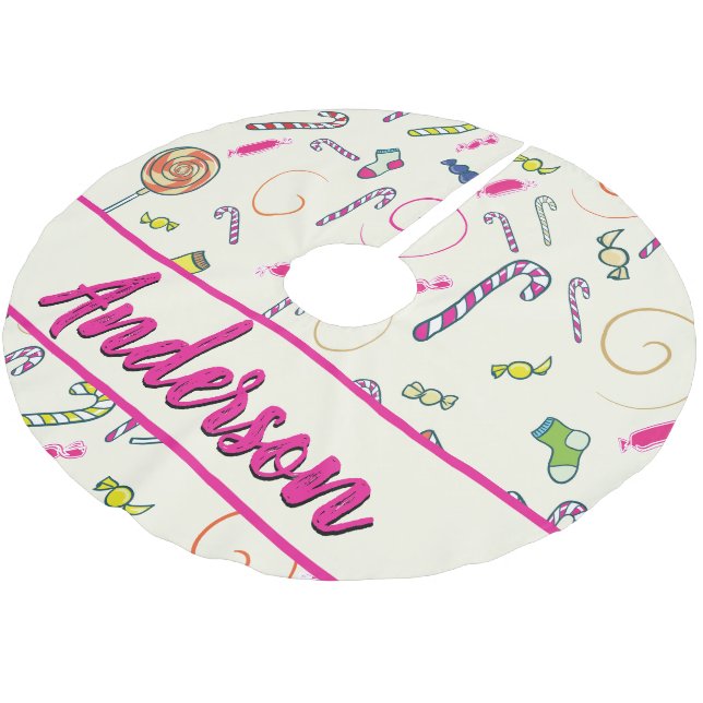 Candy Cane Pink Monogram Brushed Polyester Tree Skirt (Angled)