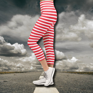 Candy Cane Red and White Simple Horizontal Striped Capri Leggings