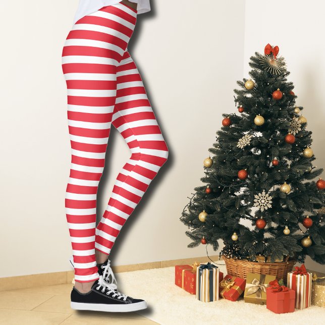 Candy Cane Red and White Simple Horizontal Striped Leggings (Creator Uploaded)