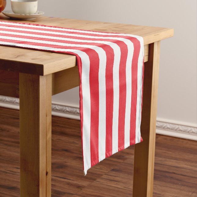 Candy Cane Red and White Simple Horizontal Striped Short Table Runner (In Situ)