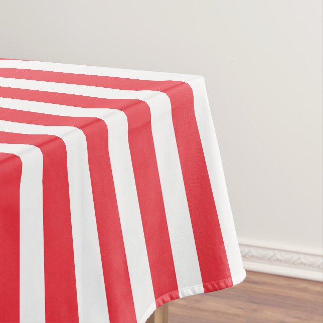 Candy Cane Red and White Simple Horizontal Striped Tablecloth (In Situ)