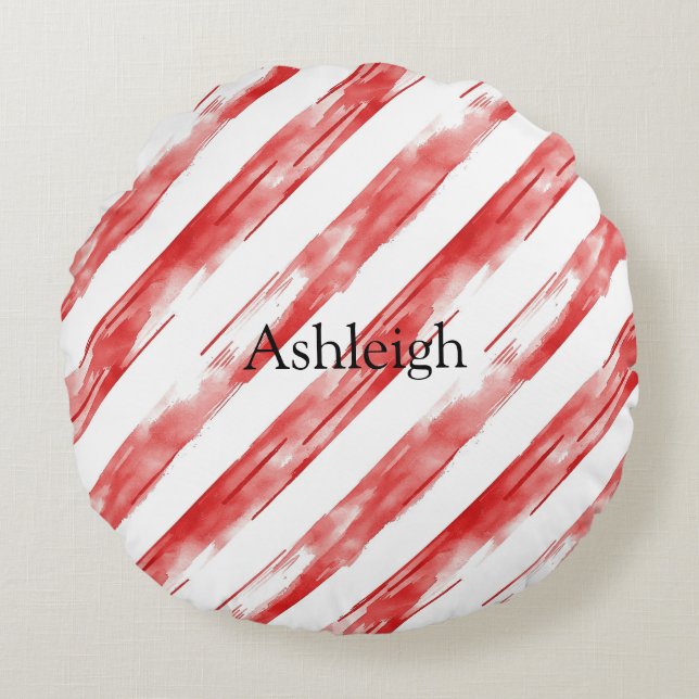 Candy Cane Red Stripes Christmas Round Pillow (Front)