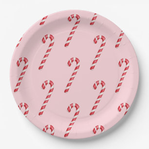 Candy cane red white stripes on pink watercolor paper plate