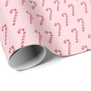 Candy cane red white stripes on pink watercolor  wrapping paper