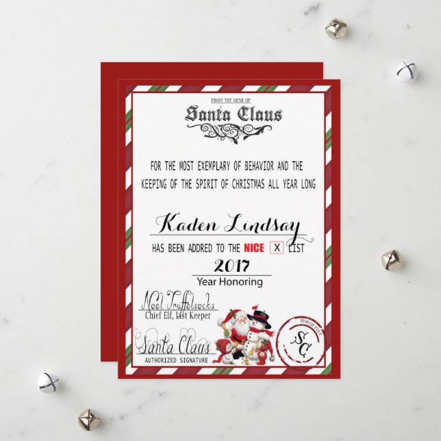 Candy Cane Santa Claus Nice List Holiday Card (Front/Back In Situ)
