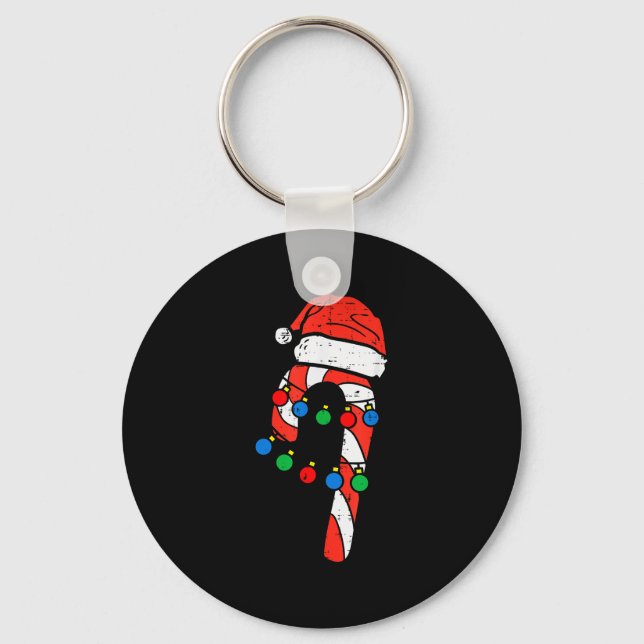 Candy Cane Santa Hat Christmas Lights Xmas Men Wom Keychain (Front)