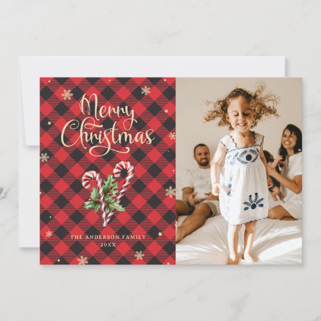 Candy Cane Snowflakes Plaid Photo Christmas Card (Front)
