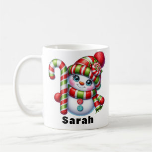 Candy Cane Snowman Christmas Custom Name Coffee Mug