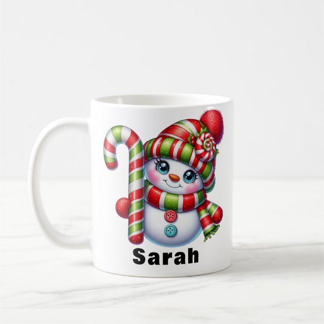 Candy Cane Snowman Christmas  Custom Name Coffee Mug (Left)