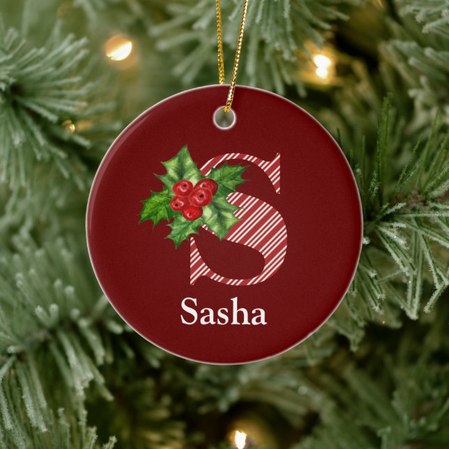 Candy Cane Stripe and Holly S Monogram   Ceramic Ornament (Tree)