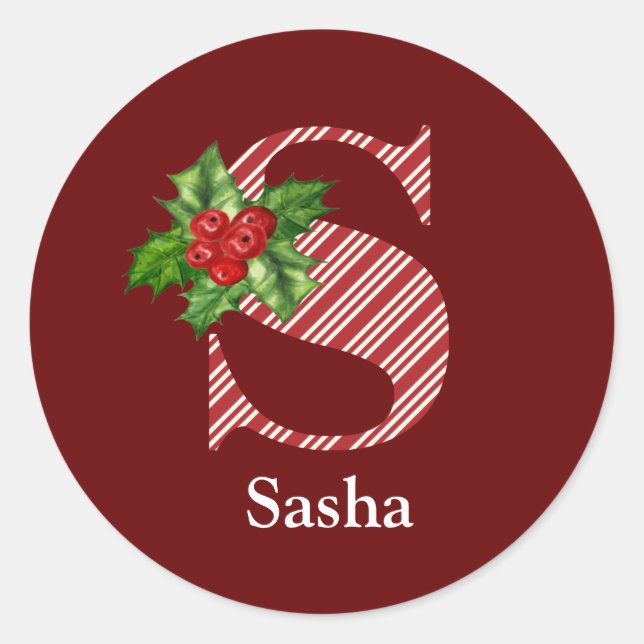 Candy Cane Stripe and Holly S Monogram  Classic Round Sticker (Front)