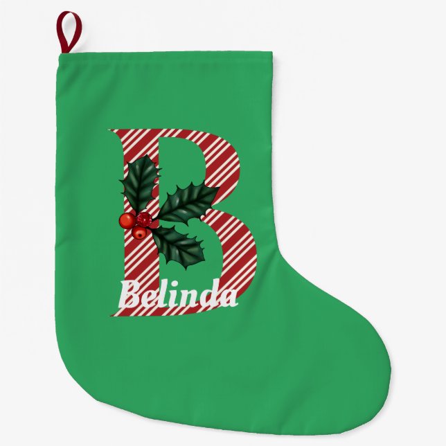 Candy Cane Stripe Letter B Large Christmas  Large Christmas Stocking (Front)